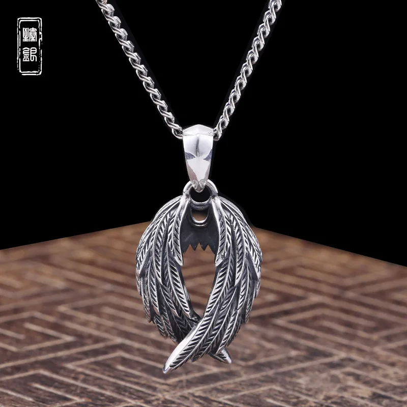 

Sterling silver vintage vintage angel wing pendant necklace s925 silver personality trendy men and women versatile wing sweater