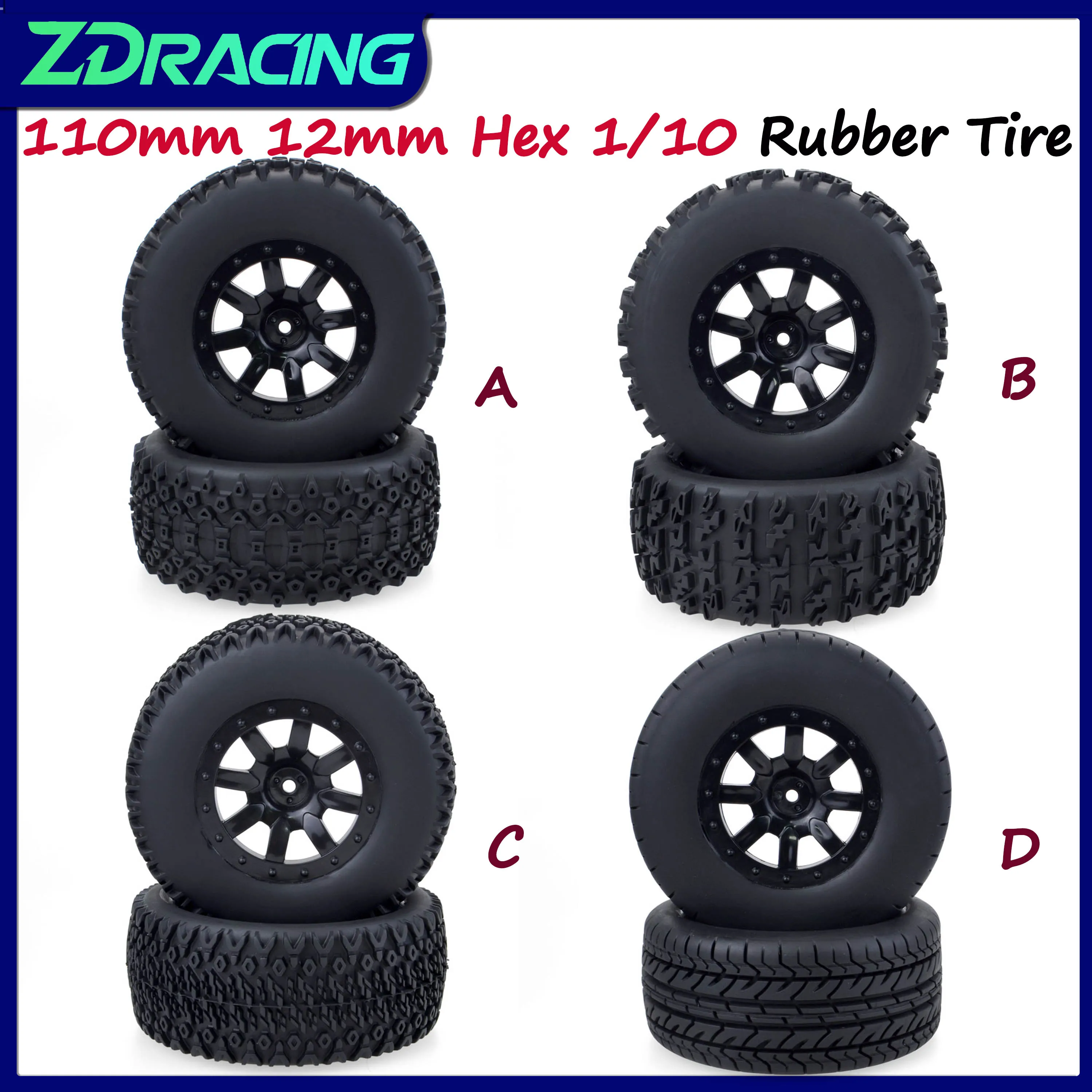 

4PCS 110mm 12mm Hex Rubber Tires Wheel Tyre Rim Hub for 1/10 RC Car Off-road Truck Short Course Traxxas Slash HPI VKAR Redcat