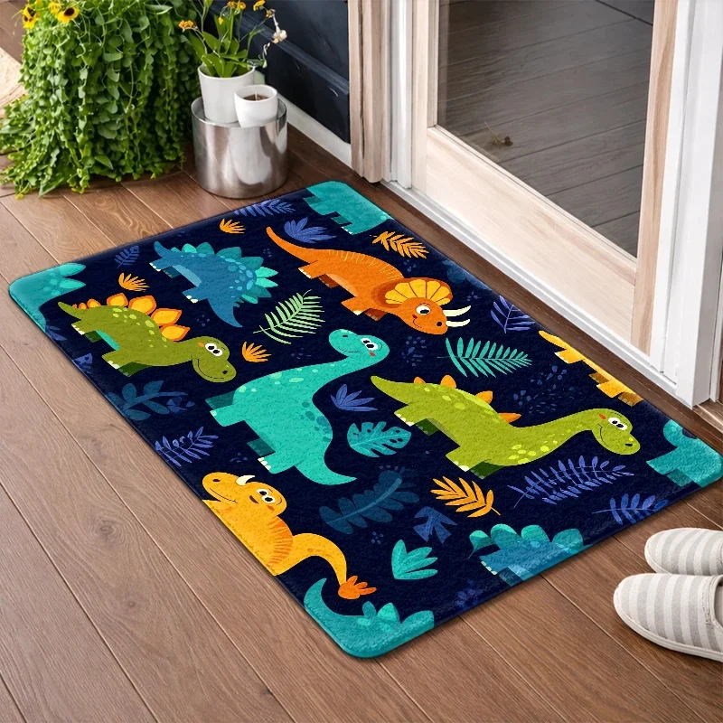 [2D Flat] Cute Dinosaur Flannel Floor Mat, Rubber Bottom,, Suitable for Doorways, Kitchens, Bedrooms, Living Rooms, Bathrooms, Balconies, Corridors, Porches