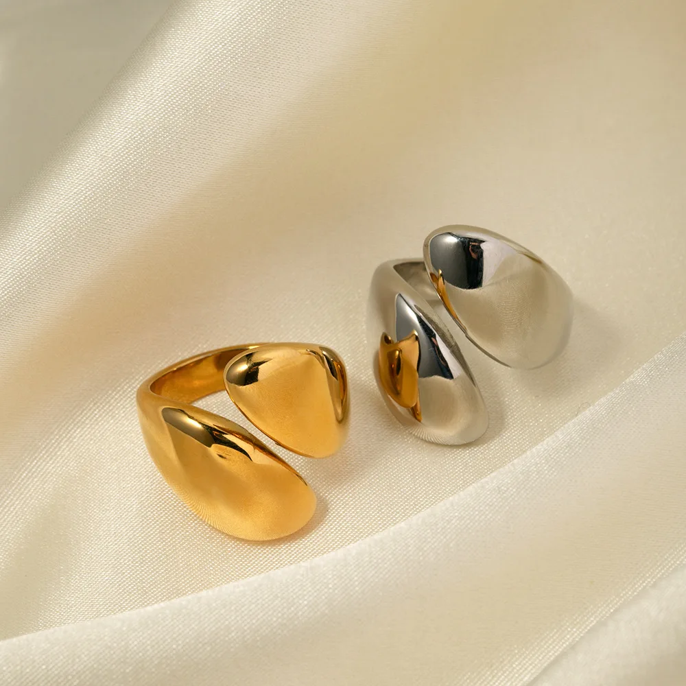 Vintage Gold Plated Water Drop Smooth Surface Dissymmetry Open Mouth Rings for Women Light Luxury Fashion Jewerly Gift