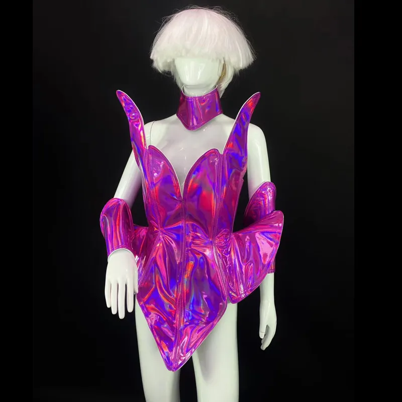 Glitter Laser Rose Armor Mini Dress Women Punk Performance Stage Wear Future Technology Role Playing Costume For Singer Dancer