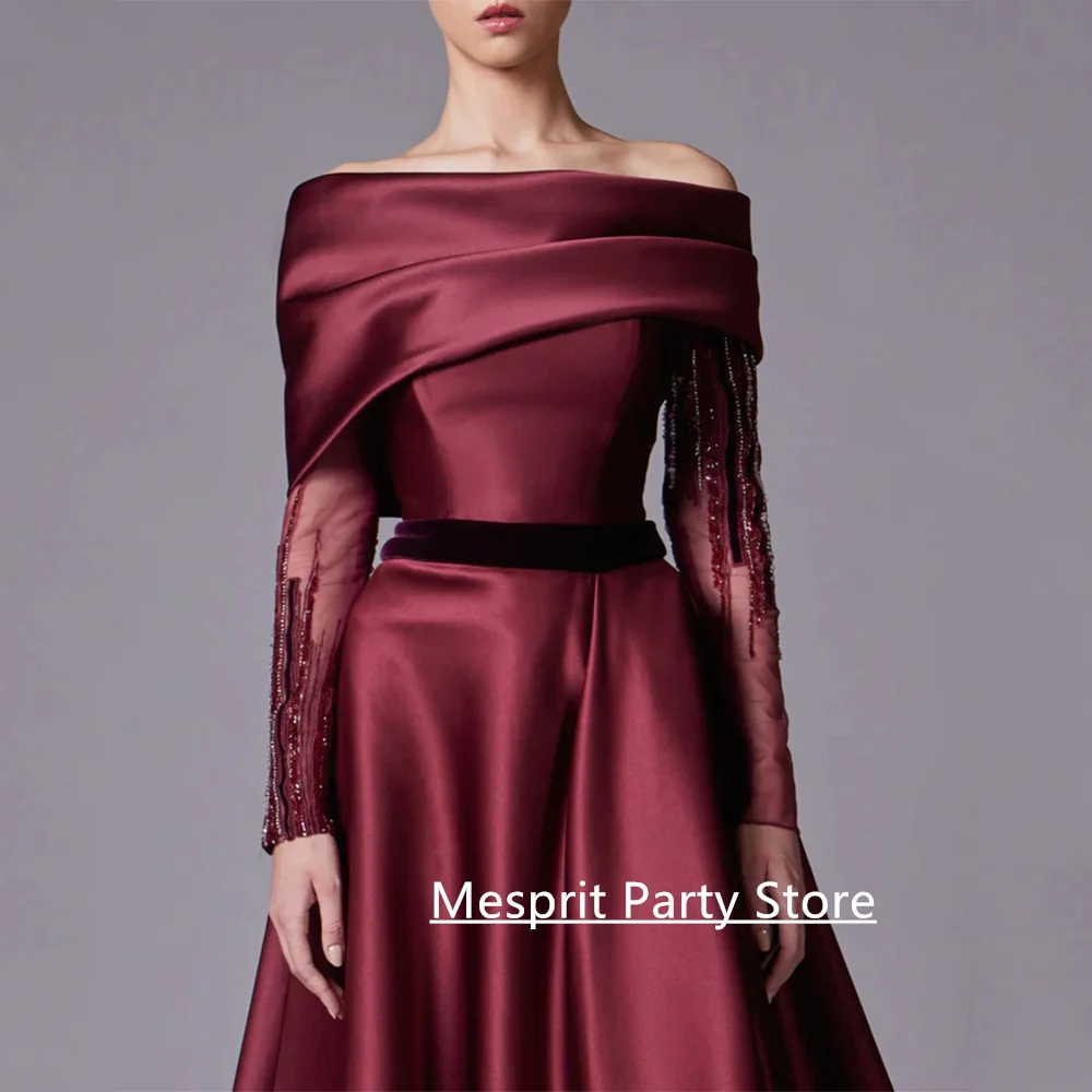 Robe de bal bordeaux Sexy, personnalisée, col bateau, perles, manches longues, fente haute, ligne A, robe de soirée en Satin, robes de soirée