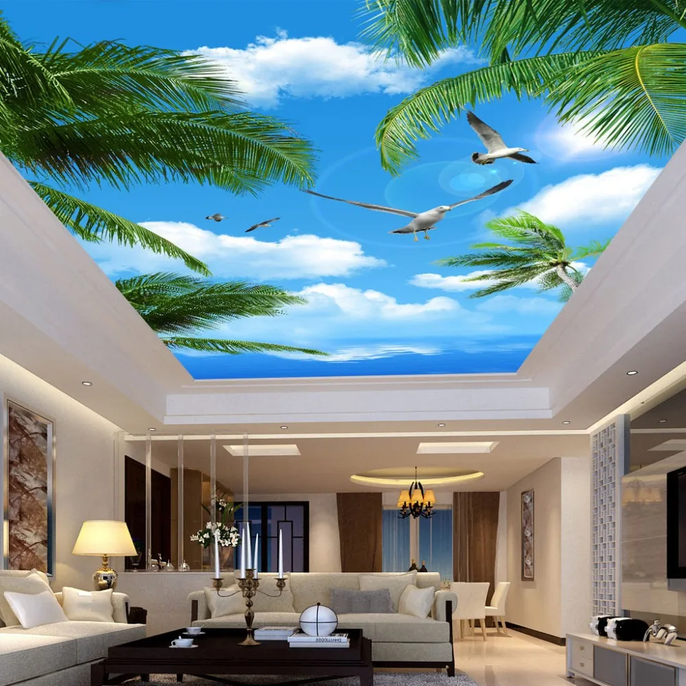 

Custom 3D Photo Mural Wallpaper Blue Sky Sea Coconut Trees Seabirds Living Room Suspended Ceiling Wall Home Decor Wall Covering