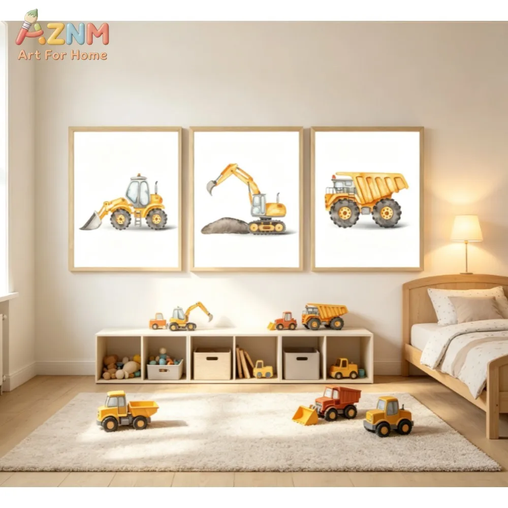 AZNM 3Pcs Watercolor Construction Vehicle Canvas Wall Art, Excavator Loader Dump Truck Print Frameless Canvas Painting,