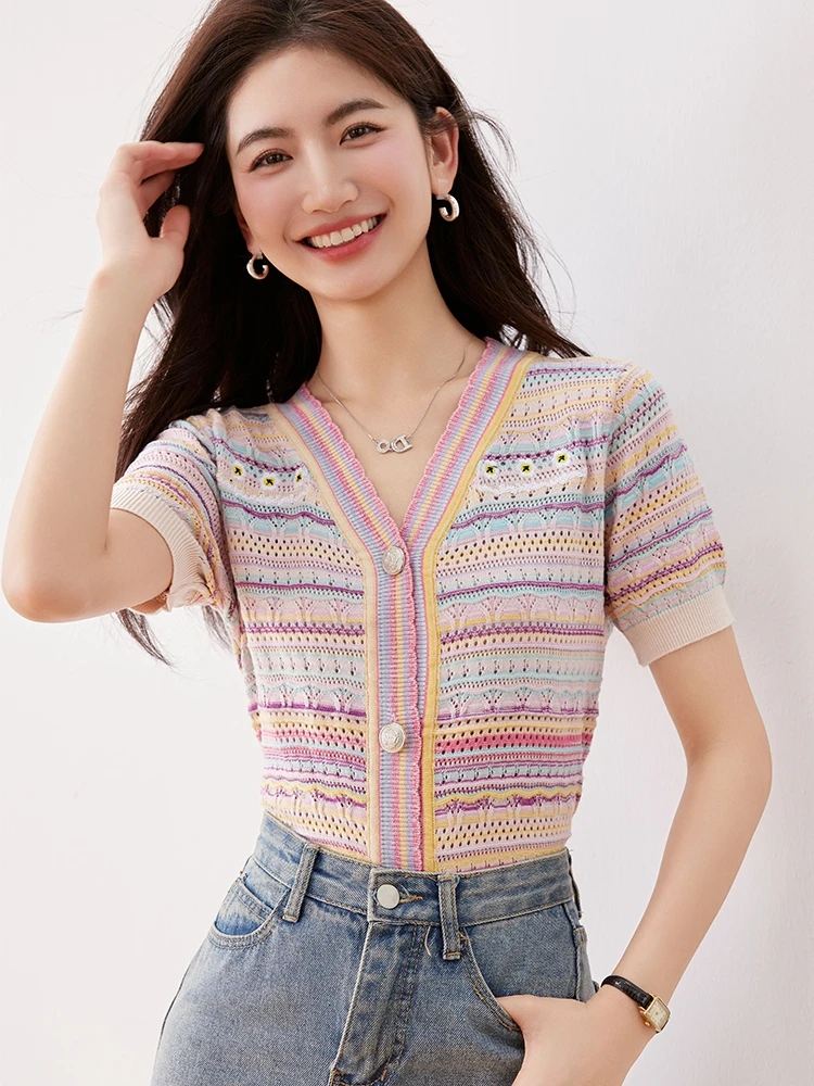 Women Sweater Cardigan 2024 Summer Korean Elegant Fashion Tops Knitwear Flower Embroidered Short Sleeve V-neck Jumpers Y2k Tops