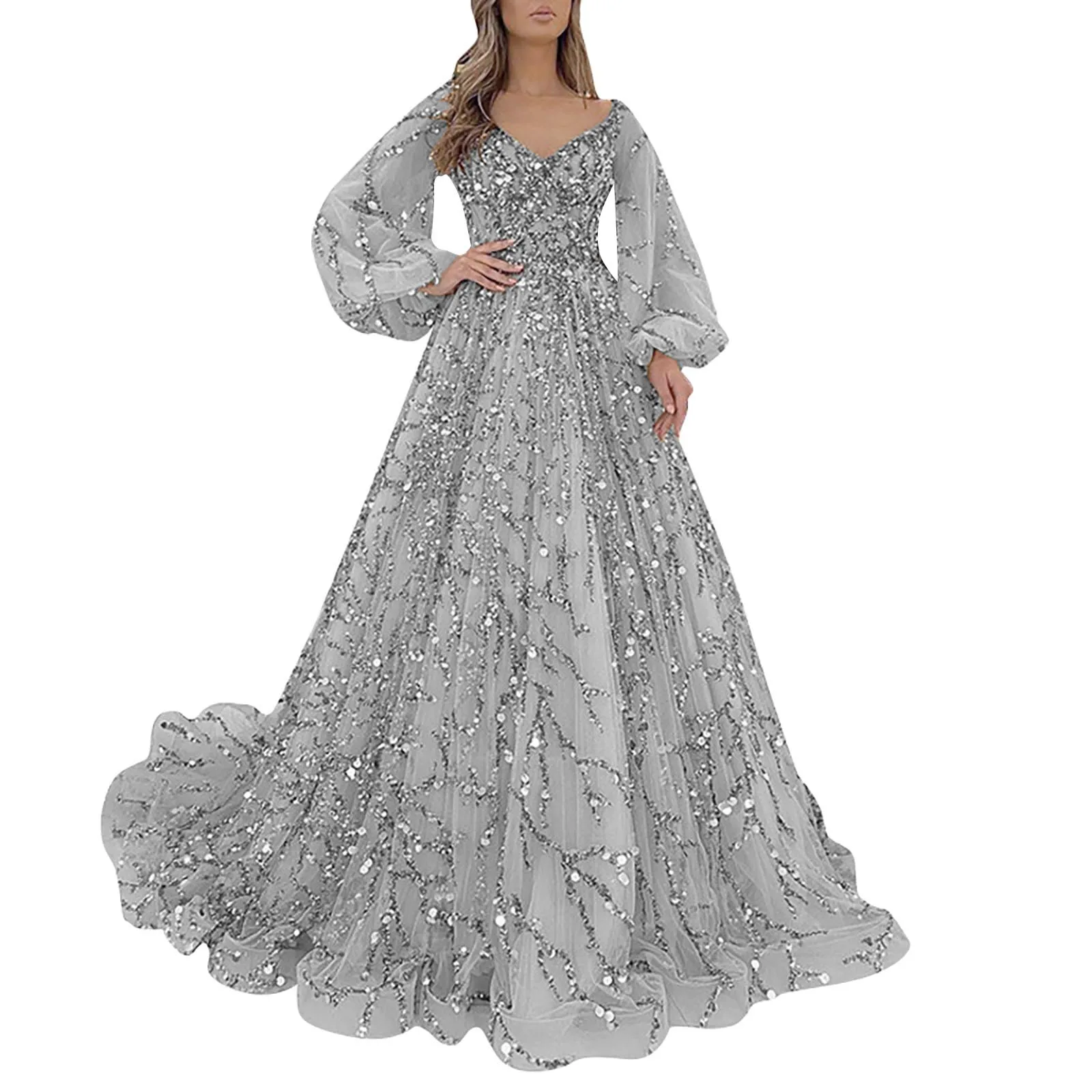 Silver Sequin Beading Evening Dresses Elegant Long Lantern Sleeve V-Neck Women Cocktail Party Dress Floor-length Formal Gown