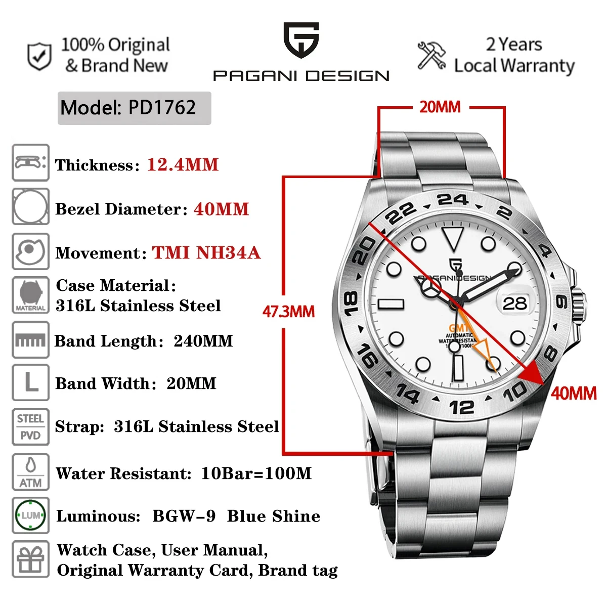 PAGANI DESIGN Automatic Mechanical Wristwatch Luxury GMT Dress Sapphire Stainless Steel Strap Calendar Watch for men PD1762