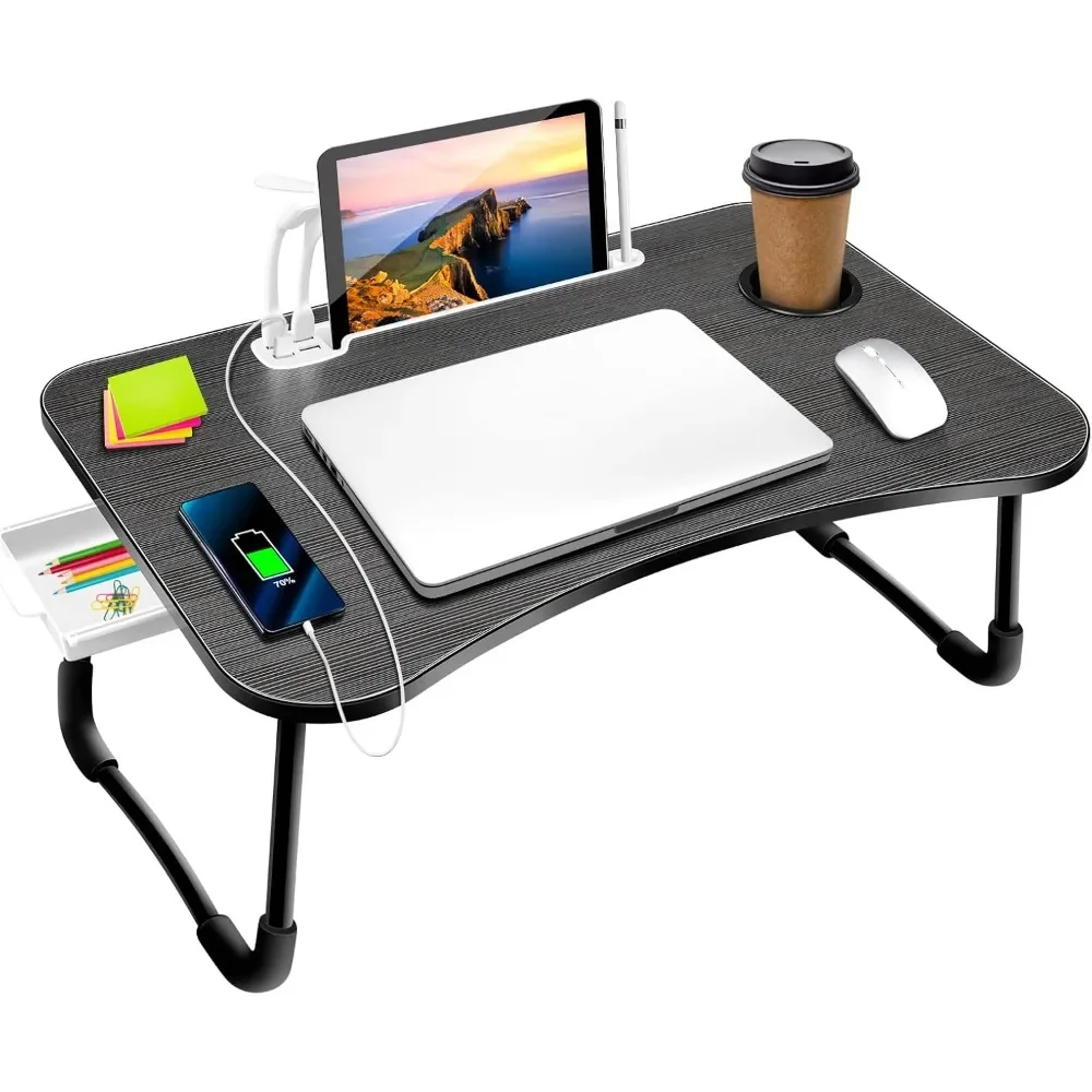 Laptop Bed Bureau, Draagbare Opvouwbare Laptop Schoot Bureaublad Tafel Met Usb Laadpoort/Bekerhouder/Opberglade