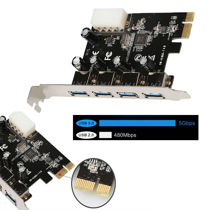 

Карта расширения USB 3.0 PCI-E к USB3.0 Игровая карта PCIE 4-контактный блок питания Применить адаптер PCI-E Riser Card USB-концентратор Удлинитель PCIe Converter