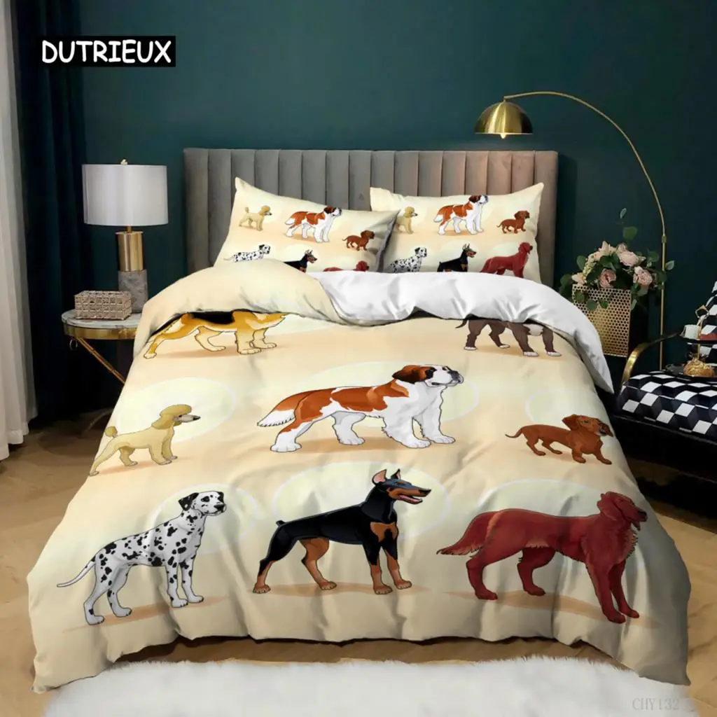 Cartoon Dog Duvet Cover Set Golden Retriever Teddy Bedding Set For Dog Lover Girl Boy Soft Polyester Queen King Size Quilt Cover