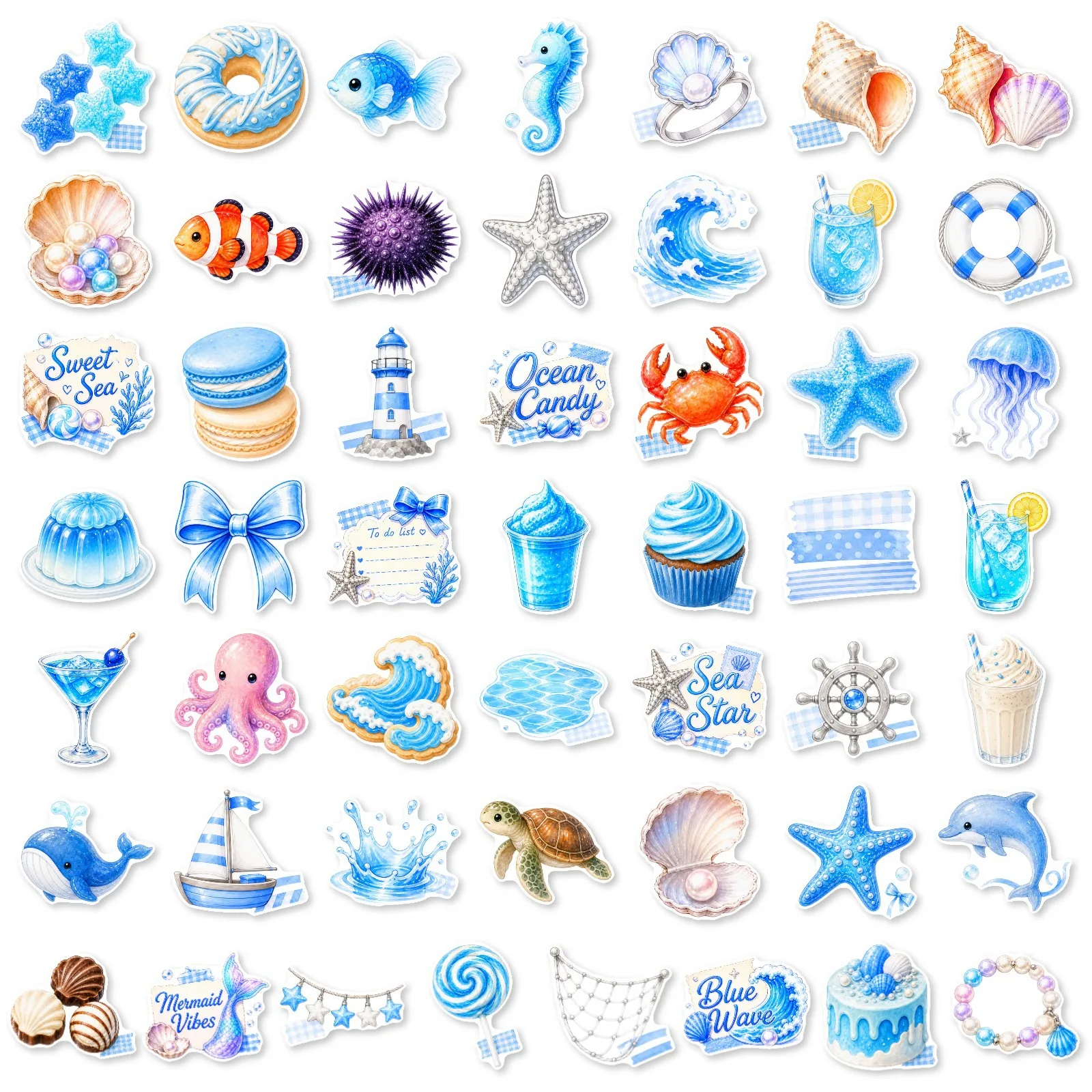 50Pcs Fresh Blue Ocean Wave Waterproof Stickers for Phone Case Tablet Skateboard Helmet Reward Journal DIY Decor Decals