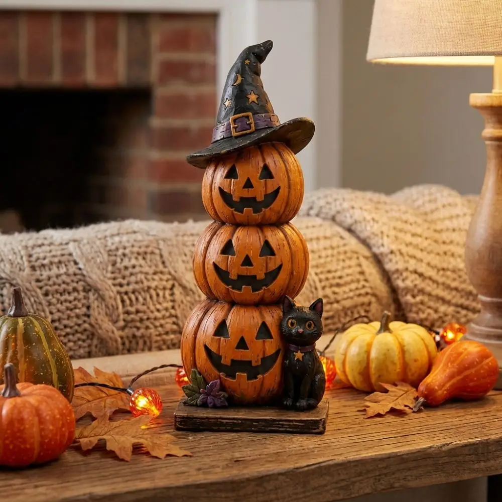 2D Flat Halloween Pumpkin Ghost Figurine Spooky Vintage Halloween Wooden Sign Ghost Book Witch Hat Stacked Pumpkin Cart Ornament