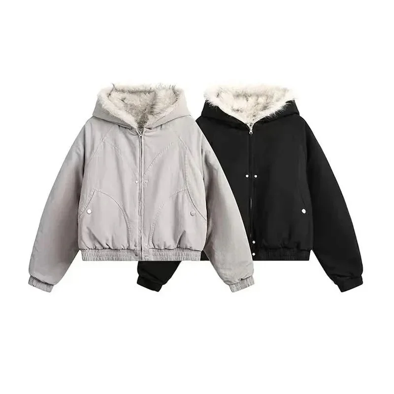 2025 Short Denim Parkas Women's Cotton-padded Coat Autumn Winter Fur Collar Hooded Jacket Thicken Warm Outerwear Loose Jean Tops