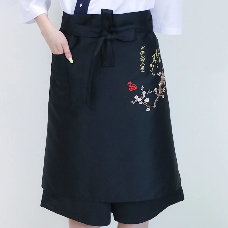 Japanese Embroidered Half Waist Apron Sushi Restaurant Catering Work Apron For Waiter Waitress Kitchen Cooking Service Uniform