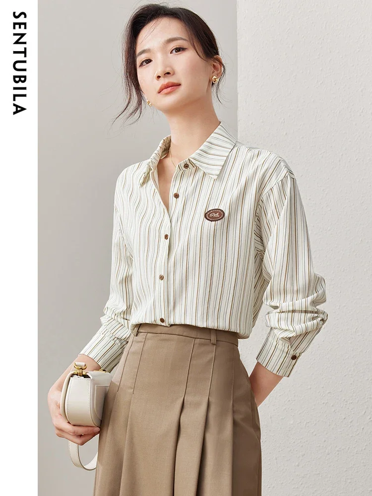 SENTUBILA Polo Striped Shirt for Women 2025 Spring New Fashion Long Sleeve Button Up Blouse Lady Letter Contrast Top 133C50734