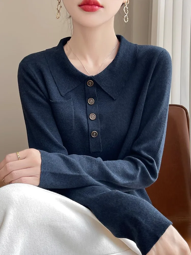 

Тонкий трикотажный свитер Slim Fit с длинным рукавом для женщин, базовый слой, для повседневной носки, стандартный крой, вязаный лонгслив