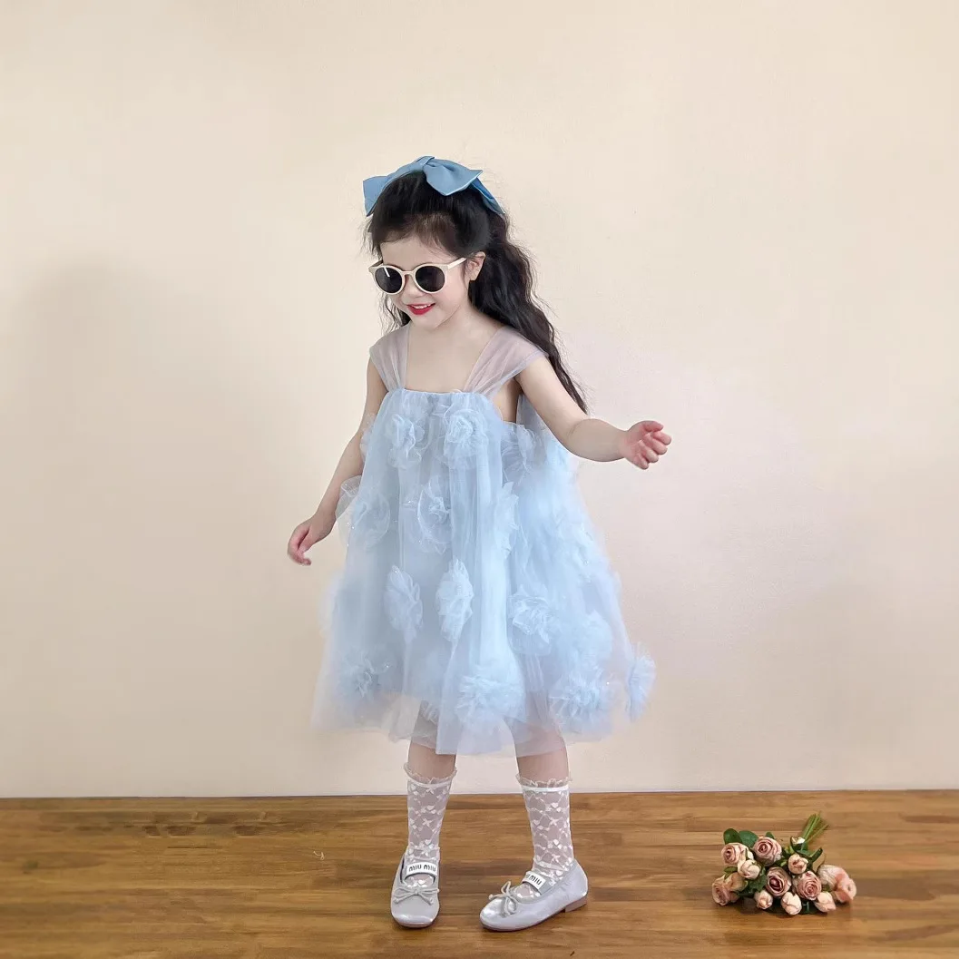 Girls Summer Blue Temperament Princess Sprinkle Silver Three-dimensional Flower Suspender Dress Princess Gauze Dress