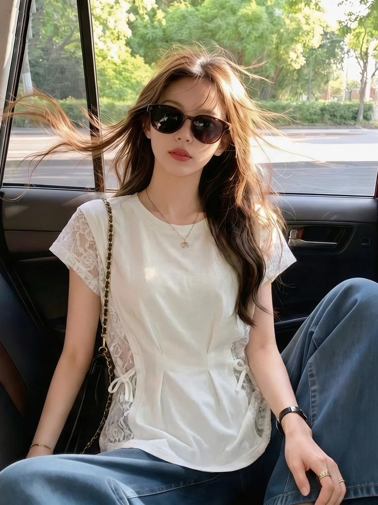 Elegant Lace Splice Short Sleeve T-Shirt Women's plus Size Slimming Top Shoulder Width Matching Summer New Style Commute Wind