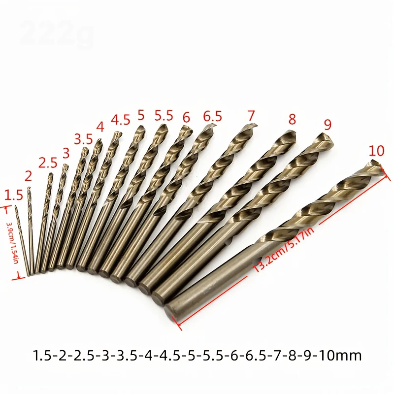 15Pcs M35 Cobalt Twist Drill Bit Set, 1.5-10mm Straight Shank HSS Bits for Stainless Steel, Copper, Aluminum & Wood Drilling