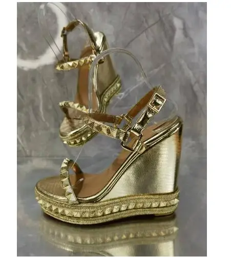 

Moraima Snc Open Toe Platform Wedge Sandals Summer Rivets Studded Ankle Strap Summer Shoes Women Sandals Gold Nude Silver