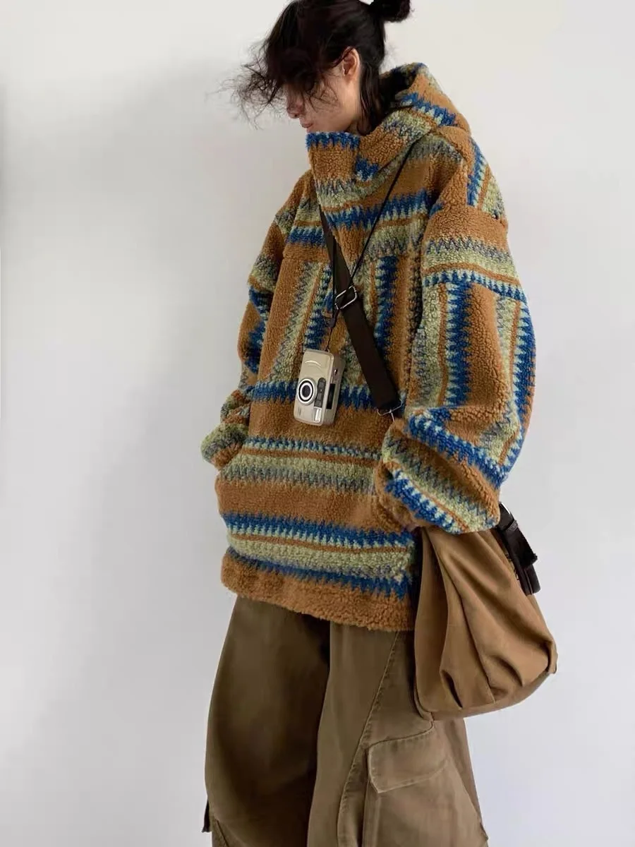 

Длинная толстовка с капюшоном из меха ягненка в стиле ретро, мужская свободная посадка, осень-зима, универсальная повседневная верхняя одежда из полиэфирного волокна