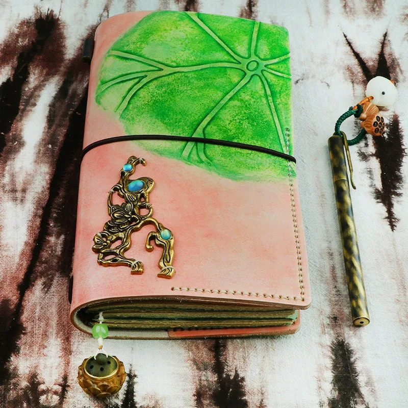 Travel handbook pink standard tn green lotus leaf handmade cowhide notebook Japanese stationery diary custom gift