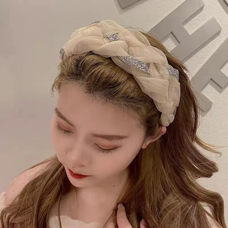 Fashion Organza Braided Hairband Simple and Luxurious Pearl Headband Girls Favorite Headwear Accessories for Going Out