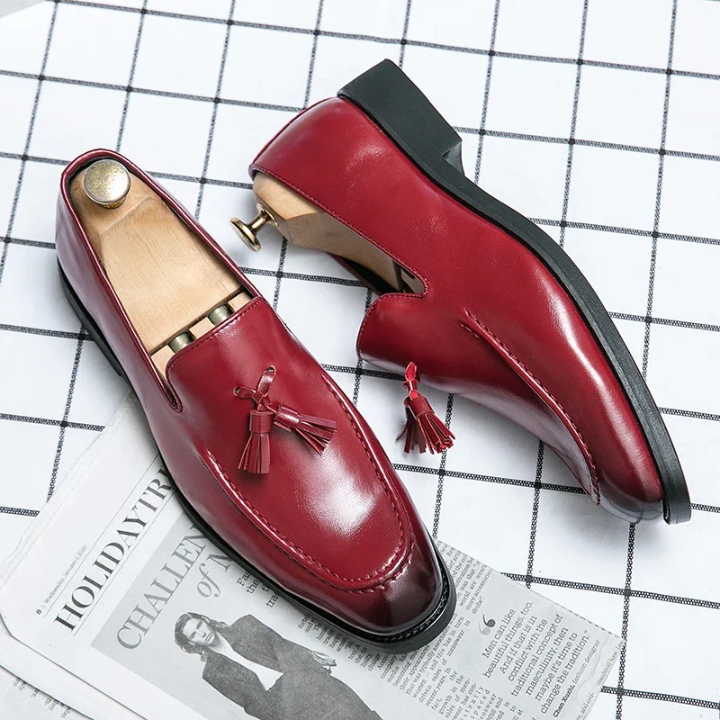 Loafers for Men Wedding Shoes Red Pu Leather Tassels Men Handmade for Men Shoes Zapatos Hombre Vestir