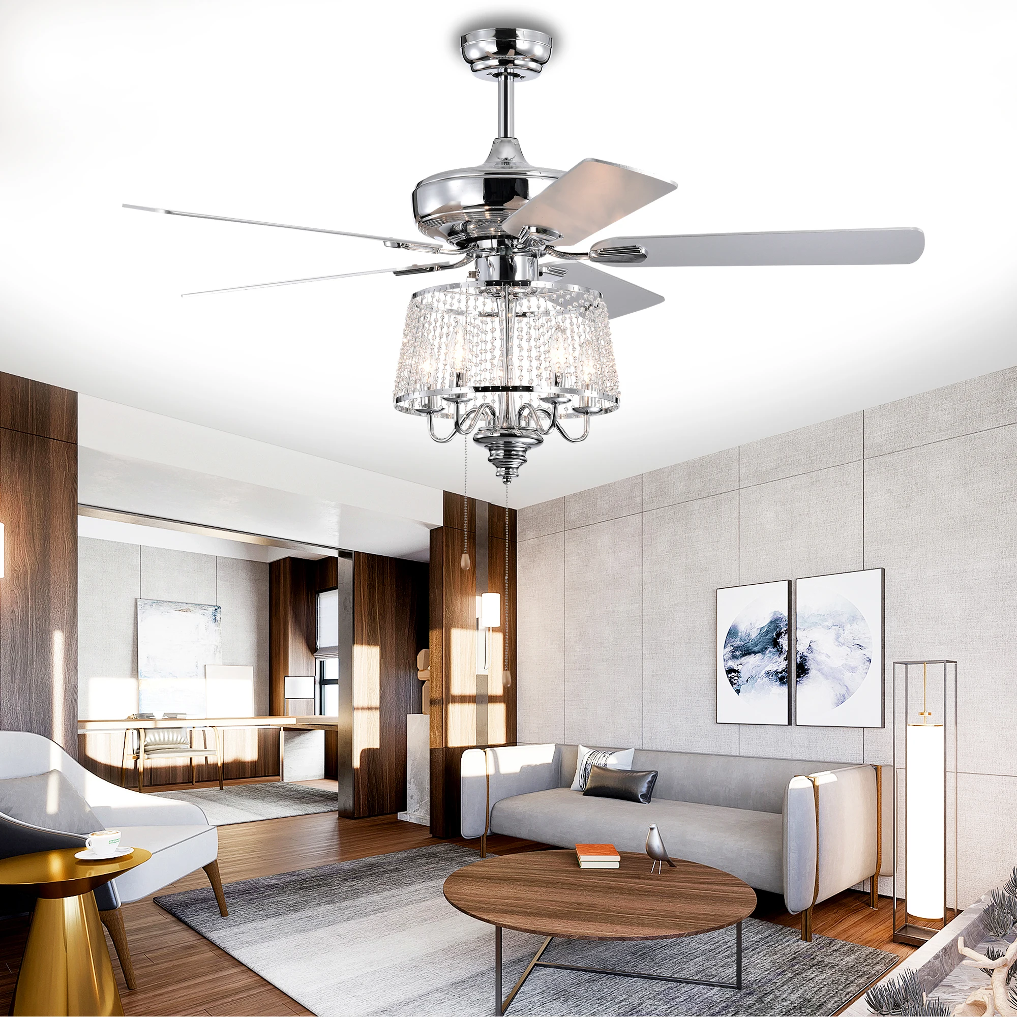 52 Inch Crystal Ceiling Fan , Modern Electrical Fan with 5 Wood Reversible Blades, 4 Bulbs Not Included,Noiseless Reversible AC