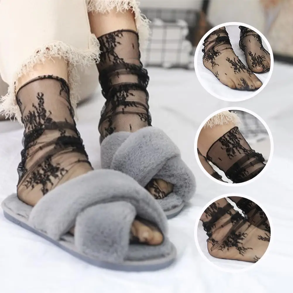 Simple Floral Lace Socks Women Tulle Socks Spring Summer Fashion Thin Mesh Socks Socks Chiffon Lace Up Transparent I5K0