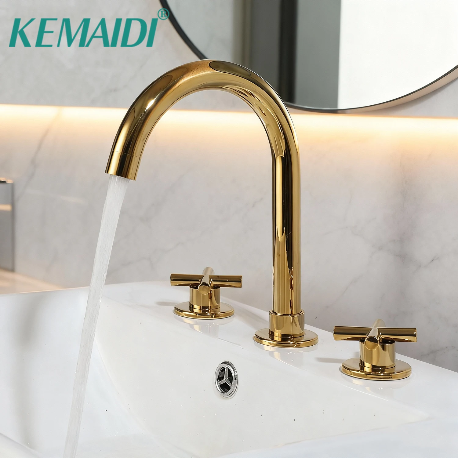 KEMAIDI Widespread Bathroom Sink Faucet Polished Gold 3-Hole T, Dual-Handle Hot & Cold Mixing Tap with High Arc Spout Faucets