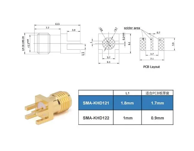 5pcs/lot SMA female offset foot clamp side mount connector with PCB board thickness of 0.9/1.7mm DC-18GHz