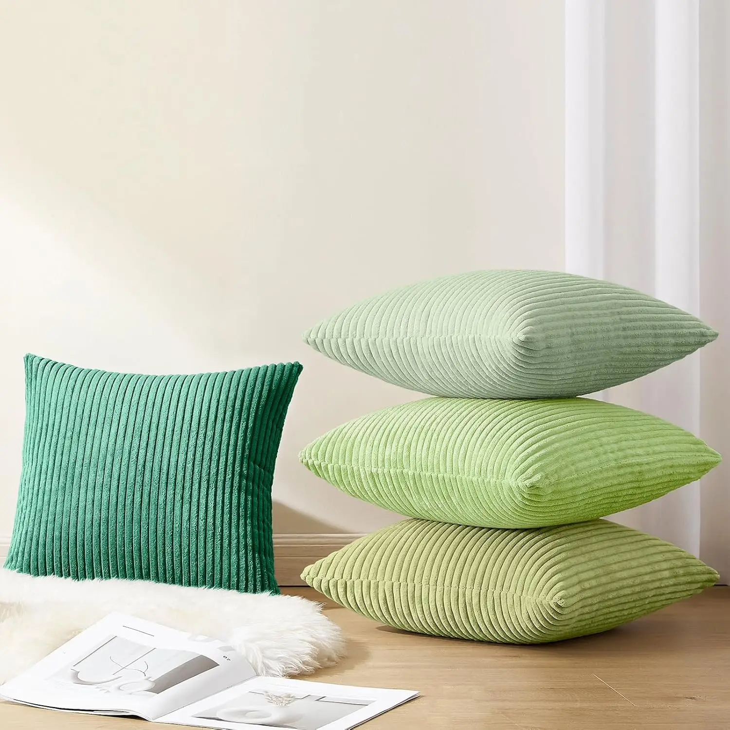 Green Fall Pillow Cover Corduroy Solid Striped Pillowcase Modern Decor Cushion Pillow Cases for Couch Sofa Bedroom Living Room