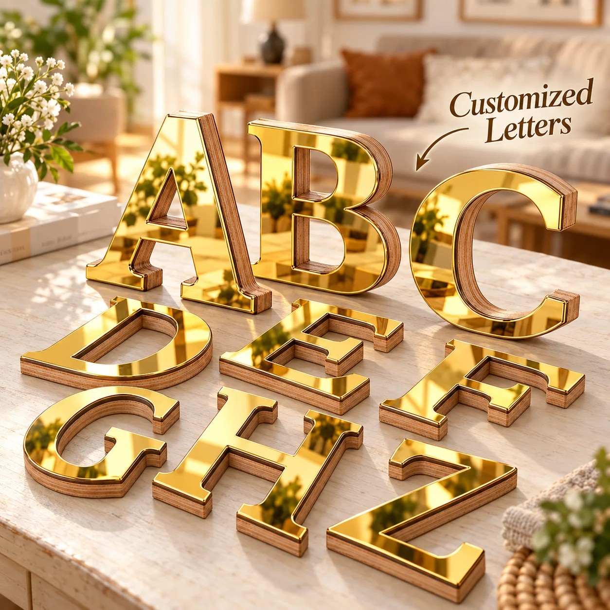 Custom A-Z Mirror Acrylic Letters with Wood Base, Gold Silver 3D Alphabet Signs for Home Wedding Party Table Decor Photo Props
