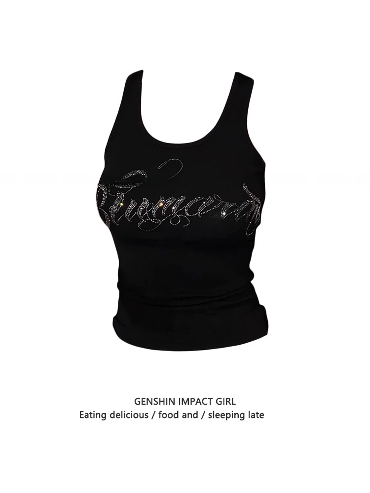 Novo Top Feminino de Alças com Strass, Estilo Americano, Casual e Versátil, para o Verão, com Efeito Modelador, Estilo Urbano...