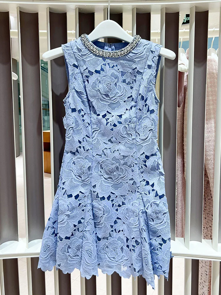 

Elegant Lace Sleeveless Diamond Embellished Summer Dress High Waist A-Line Silhouette Commute Style Polyester Fiber Short Dress