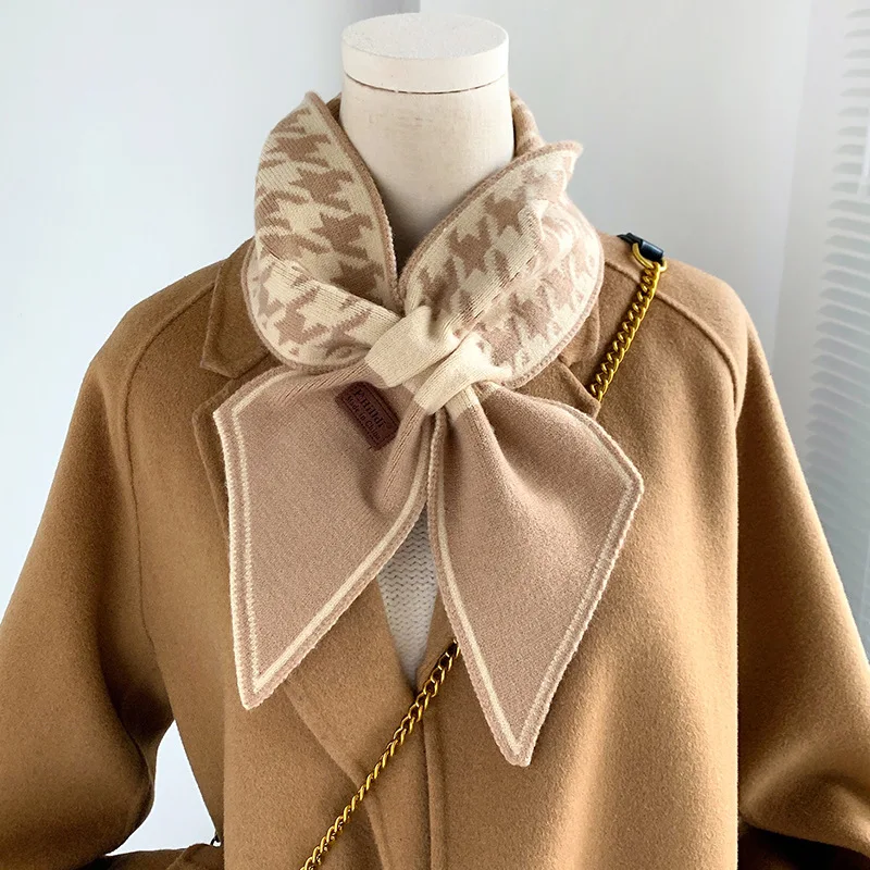Women Winter Houndstooth Knitted Neck Warmer, Korean Fashion Student Warm Decor Small Scarf