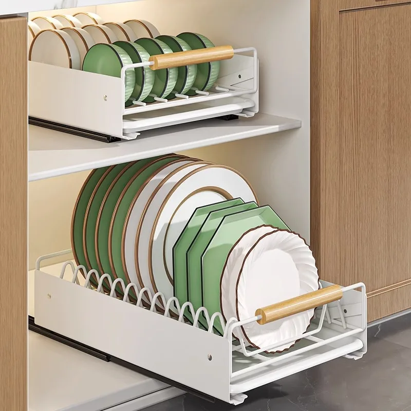 Non Punching Sliding Track Pull-out Dish and Seasoning Storage Rack Cabinet Drawer Style Sliding Kitchen Storage Rack