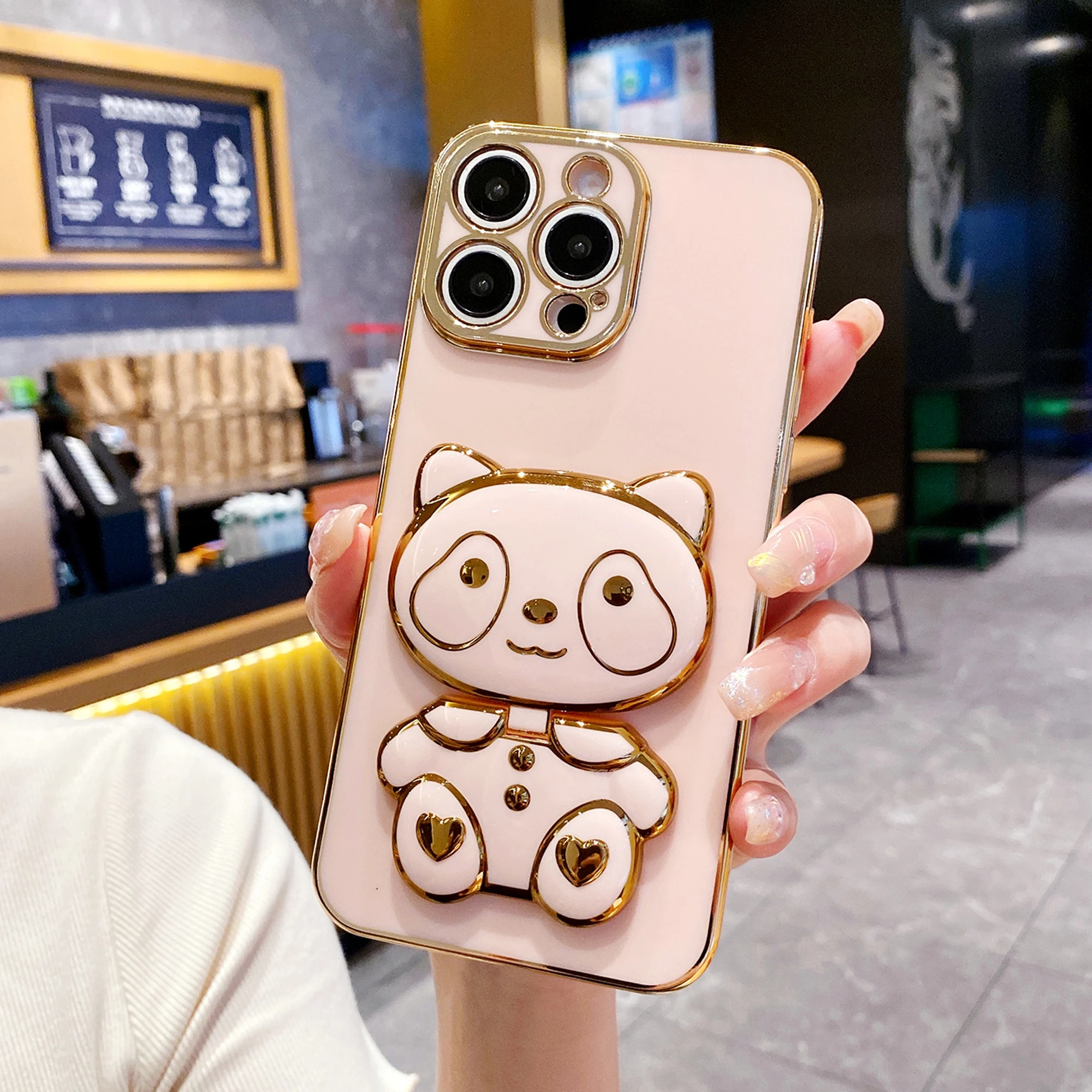 Luxury Plating Panda Mirror Holder Phone Case For iPhone 17 16 15 14 Plus 13 12 Mini 11 Pro Max X XS XR 7 8 SE2 SE3 Back Cover