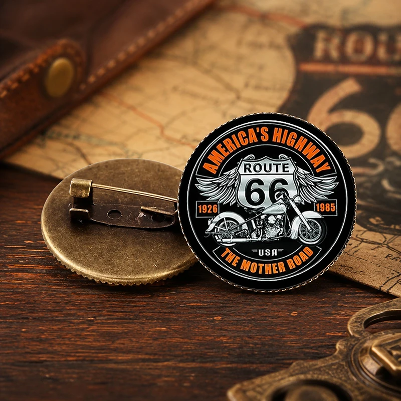 Classic USA High Way ROUTE 66 Brooch Pin Vintage Round Motorcycle Glass Brooches For Men Women