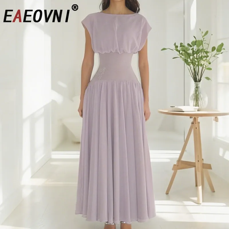 

EAEOVNI 2026 Summer New Women's Dress Sleeveless O Neck Pleated Gathered Waist Fashion Long Dresses Casual Clothing