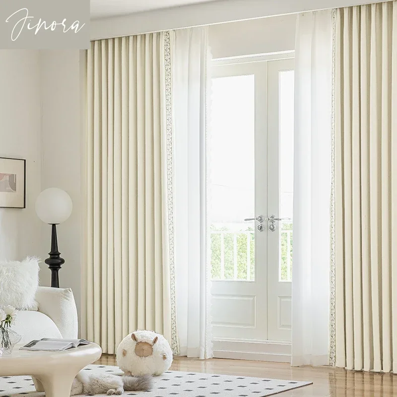 

Cream Chenille Curtains for Bedroom Living Room High-end Light Luxury Blackout Antibacterial Curtain Customized Solid Fashion