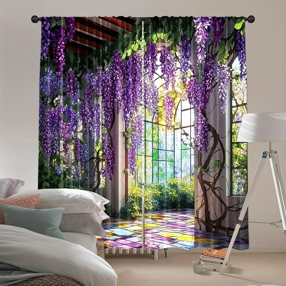 Abstract Stained Glass Wisteria Rod Pocket Window Curtains 2 Panel Floral Art Drapes for Living Room Bedroom