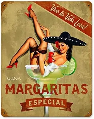 Retro Vintage Metal Plaque Sign Pin Up Girl Margarita Especial Tin Sign for Home Bar Kitchen Pub Wall Decor Signs 12x8inch