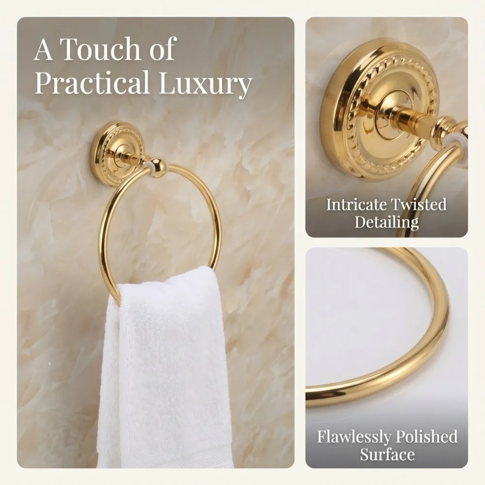 Copper Towel Ring Round Glossy Hand Feel Towel Rack Wall Mounted Braiding Carvings Round Towel Holder