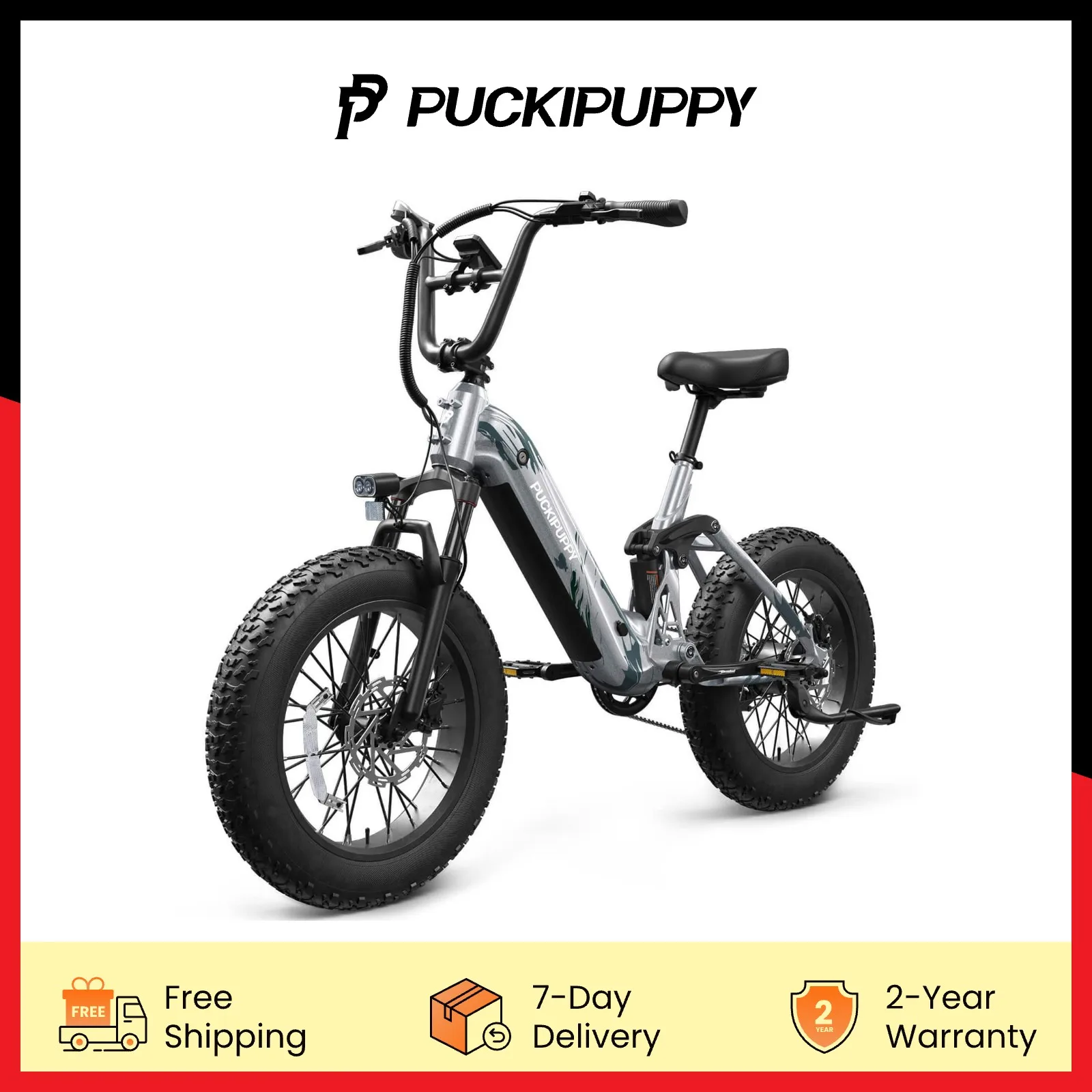 

PUCKIPUPPY Electric Bike Full Suspension Mountain Ebike 20'' Fat Tire 7 Speed for Adults 960W 48V 20Ah 28MPH 80Miles Range