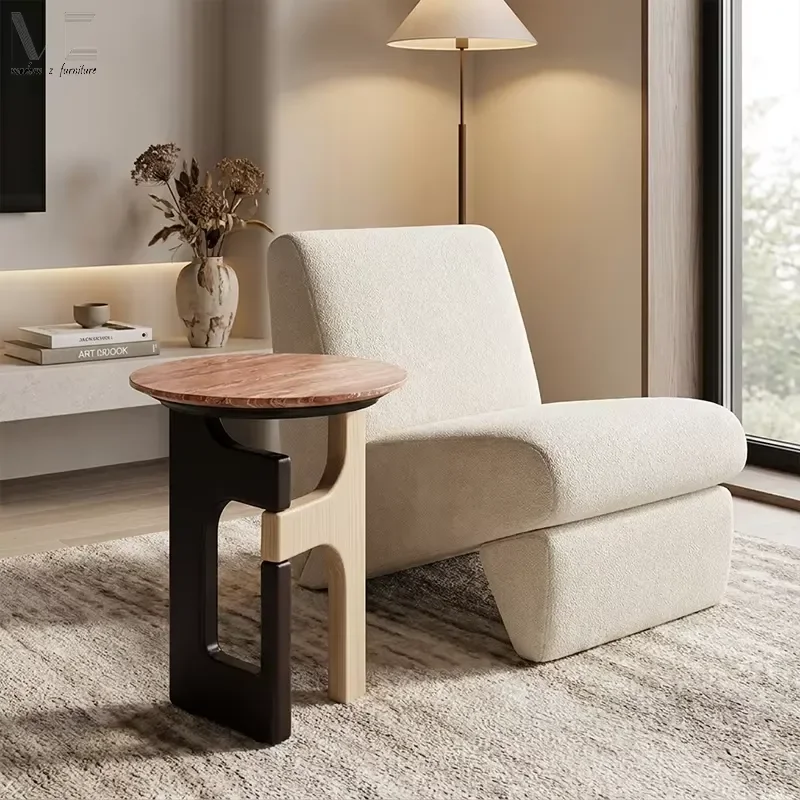 Modern Japandi Contemporary Aesthetic Geometric Crossed Timber Frame Round Stone Top Apartment Lounge Balcony Accent Side