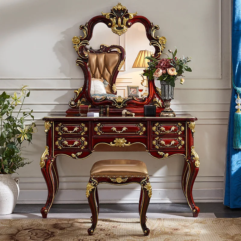 Penteadeira neoclássica quarto vermelho sândalo penteadeira de luxo europeu espelho de maquiagem fezes de maquiagem