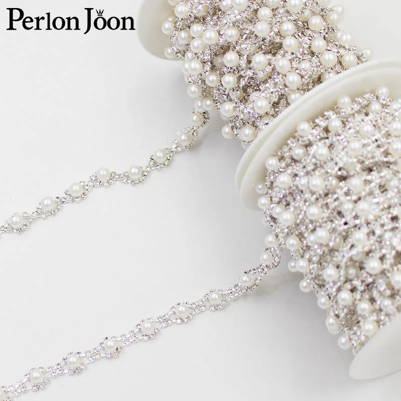 Two styles small pearl crystal Manual  rhinestones trim Ribbon metal chain  for dress, bag, shoes accessories ML006-007