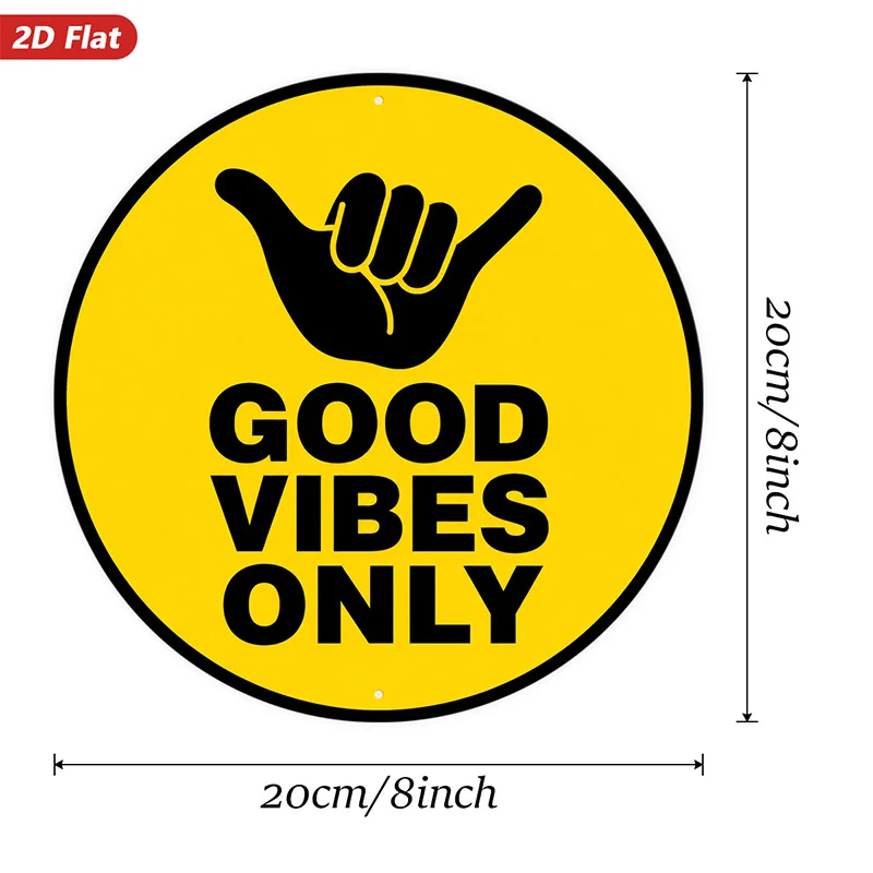 2D Flat, 1pc Good Vibes solely Round Metal Sign Wall Art, Home Decor, Black Shaka Hand Sign, Bold Yellow Graphic, Minimalist Ret